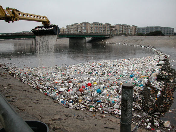 A beach in Los Angeles is covered with plastic garbage.